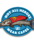 Montana Fly Company Stickers featuring humorous fish wearing a superhero cape design at Freestone Fly Shop