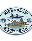 Montana Fly Company Stickers featuring fishing boats and anglers with vintage style slogan at Freestone Fly Shop