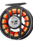 Orvis Hydros Fly Reel in black with orange and yellow fly line designed for lightweight fly fishing at Freestone Fly Shop