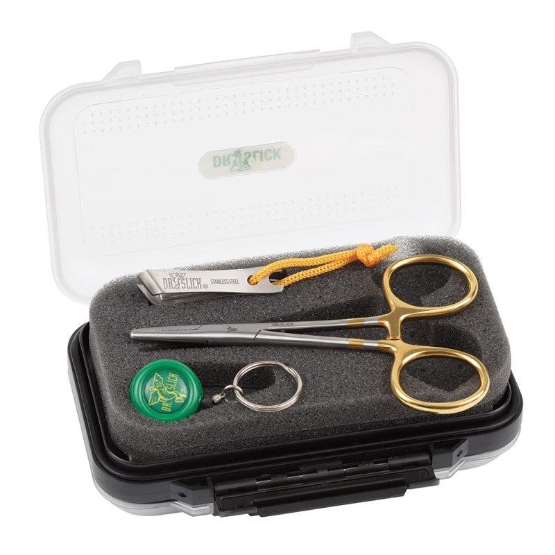 Dr. Slick Nipper, Reel & C5G 5" Clamp w/Fly Box featuring gold clamp and compact fly tying tools at Freestone Fly Shop