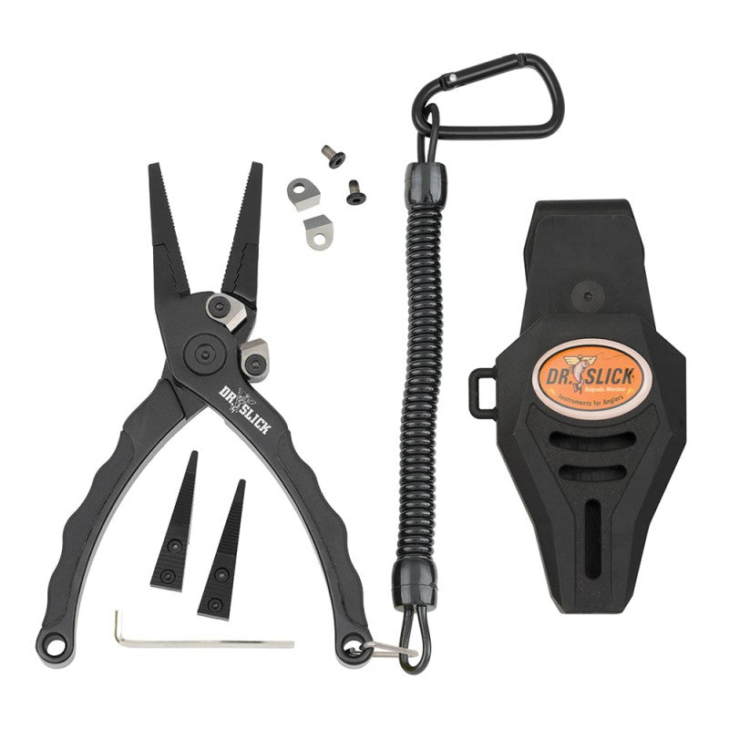 Dr. Slick Micro Burst 5 3/4" Aluminum Plier - Black with tungsten carbide cutters and accessories from Freestone Fly Shop
